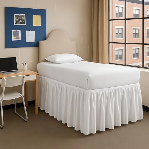 Dorm Bed Skirt Twin XL 21 Inch Drop, Easy to Install Extra Long Wrap Around Elastic Dust Ruffle, Bedskirt Solid Silky Fabric Machine Washable, Ruffled College Dorm Room White