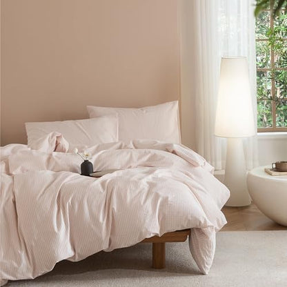 JIYUAN Alaska King Washed Cotton Duvet Cover Set, Linen-Like Pinstripe