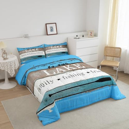Manfei Rustic Lake Comforter Set King Size, Lake Camping Bedding Set 3pcs for Kids Boys Teens Bedroom Decor, Vintage Wooden Stripe Print Quilt Set with 2 Pillowcases, Farmhouse Duvet Set