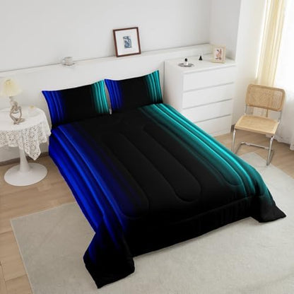 Feelyou Teens Abstract Ombre Decorations Bedding Set for Kids Women Blue Teal and Black Comforter Set Geometric Modern Quilt Set Room 2Pcs Twin Size