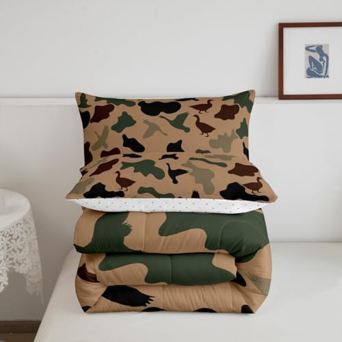 Feelyou Green Camo Comforter Set King Size Duck Hunter Bedding Set,Kids Girls Boys Adult Room Black Brown Camouflage Hunting Quilt Set Army Colorful Duvet Insert 1 Comforter and 2 Pillow
