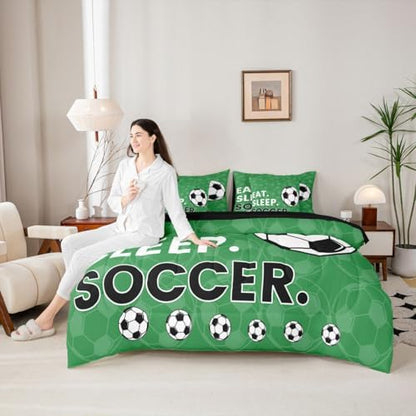 Erosebridal Soccer Gaming Green 7 Piece Bedding Set Twin | Playground Boys Comforter Set with Sheets Ball Games Theme Bed in A Bag Football Sports Bed Sets