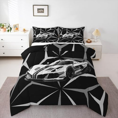 Castle Fairy Grey Race Car Bedding Set King Size,Racing Cars Extreme Sports Comforter Set for Adult Men Bedroom,Speed Sport Car Abstract Art Ultra Soft Bedding Set with 2 Pillowcases,3Pcs