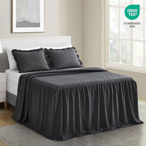 CHIXIN Ruffle Skirt Bedspread King Size - 30" Long Drop, Shabby Chic & Farmhouse Style, Soft and Lightweight Bedding Cover, 3 Piece Set, Dark Grey