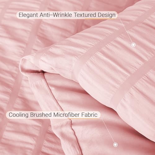 MUXHOMO 7 Pieces Oversized King Comforter Set, Seersucker Bed in a Bag Oversized King Size, All Season Luxury Bedding Set with Comforter, Flat Sheet, Fitted Sheet, Pillowcases & Shams, Pink