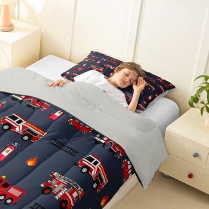 Feelyou Fire Truck Comforter Set Twin Size Emergency Fire Engine Bedding Set for Kids Boys Girls Firemen Car Vehicle Duvet Quilt Bedroom Decor Microfiber 2 Pcs with 1 Pillow Case