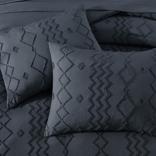 Queen Comforter Set Navy Blue Tufted Boho Geometric Bedding Sets 7 Pieces