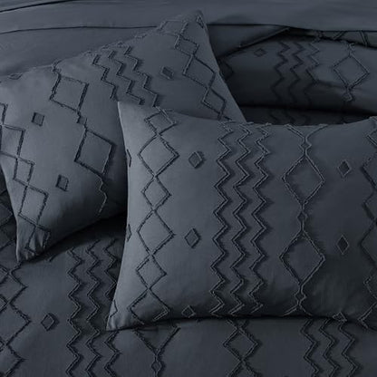Queen Comforter Set Navy Blue Tufted Boho Geometric Bedding Sets 7 Pieces