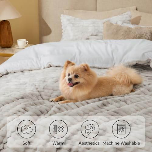 BEDELITE Fleece Queen Comforter Set, Fluffy Bed Set, Grey&White