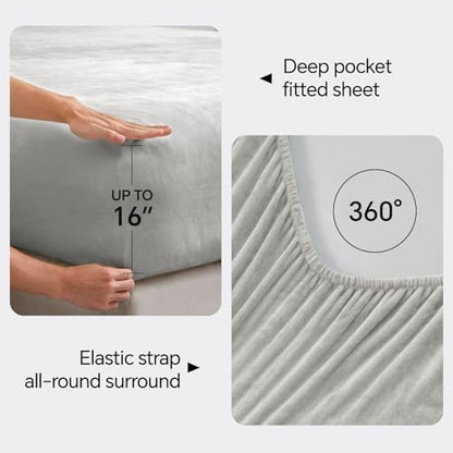 BEDELITE Flannel Sheets Queen Size, Light Grey, 4 Pieces