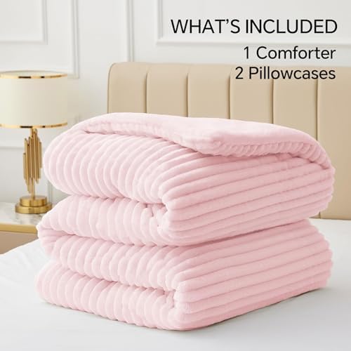 BEDELITE Fleece Oversized Queen Comforter Set,Fluffy Bed Set,Cherry Blossom