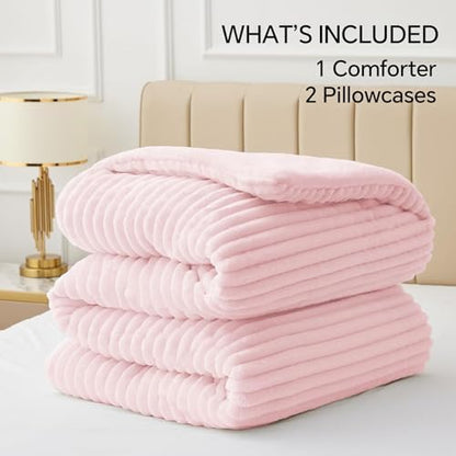 BEDELITE Fleece Oversized Queen Comforter Set,Fluffy Bed Set,Cherry Blossom