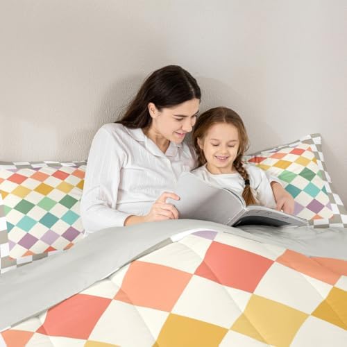Checkered Geometric Bedding Set for Boys Girls Green Yellow Beige Brown Plaid Comforter Set Full Size Checkerboard Modern Aesthetic Duvet Quilt Reversible Grey Bedroom Decor 3 Pcs with 2 Pillow Cases