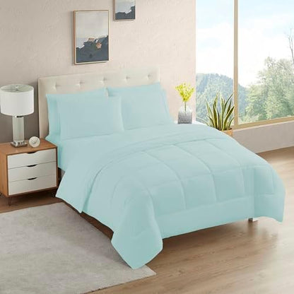 Sweet Home Collection 7 Piece Comforter Set Bag Solid Color All Season Soft Down Alternative Blanket & Luxurious Microfiber Bed Sheets, Aqua, Twin
