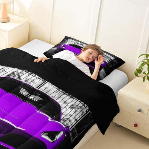 Feelyou Boys Purple Race Car Comforter Set Toddler Size Purple Luxury Car Bedding Set for Kids Boys Girls Extreme Sports Duvet Quilt Fast and Furious Bedroom Decor 2 Pcs with 1 Pillow Cases