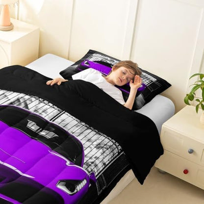 Feelyou Boys Purple Race Car Comforter Set Toddler Size Purple Luxury Car Bedding Set for Kids Boys Girls Extreme Sports Duvet Quilt Fast and Furious Bedroom Decor 2 Pcs with 1 Pillow Cases