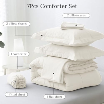 JOLLYVOGUE King Comforter Set, Ultra-Soft Bed in a Bag King Size 7 Pieces, Oeko-TEX Certified Bedding Set with Down Alternative Comforter, Sheets, Pillowcases & Shams, Ivory