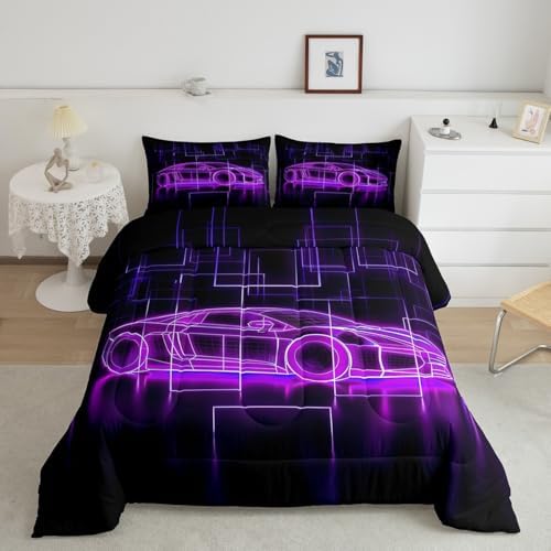 Feelyou Kids Boys Race Car Comforter Set,Extreme Sports Car Bedding Set Twin Size,Boys Bedroom Room Decor,Racing Car Comforter,Geometric Purple Black Speed Luxury Car Bed Set for All Season