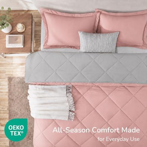 downluxe Queen Comforter Set Soft Reversible 3 Pieces, Peach Pink/Grey