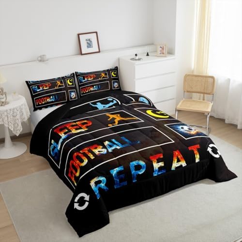 Boys Football Bedding Set, Soccer Sports Games Comforter Set Queen Size For Kids Girls Teens Adult Men, Ice And Fire Duvet Insert Eat Sleep Football Bedding Comforters With 2 Pillow Cases, Gold Blue