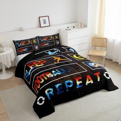 Boys Football Bedding Set, Soccer Sports Games Comforter Set Queen Size For Kids Girls Teens Adult Men, Ice And Fire Duvet Insert Eat Sleep Football Bedding Comforters With 2 Pillow Cases, Gold Blue