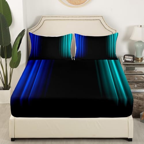 Feelyou Teens Abstract Ombre Decorations Bedding Set for Kids Women Blue Teal and Black Bed Sheets Set Geometric Modern Fitted Sheet Sets Room 4Pcs Full Size