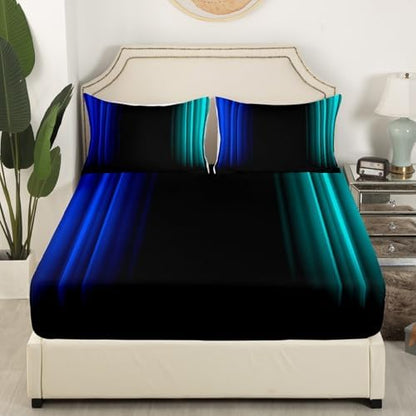 Feelyou Teens Abstract Ombre Decorations Bedding Set for Kids Women Blue Teal and Black Bed Sheets Set Geometric Modern Fitted Sheet Sets Room 4Pcs Full Size