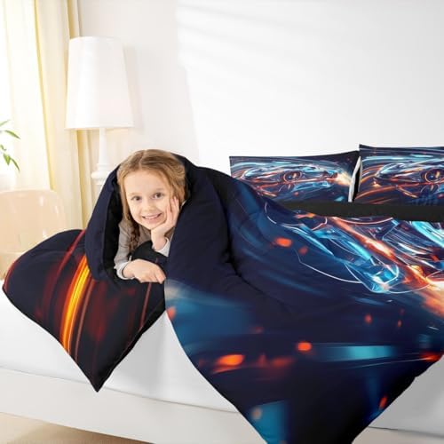 Boys Race Car Toddler Size Bedding Set,Cool Race Sports Car Set Comforter Set for Kids Boys,Teal Blue Racing Cars Bed for Boy,Glitter Stripes Cool Sports Cars Bedding Comforter Set,Soft Lightweight
