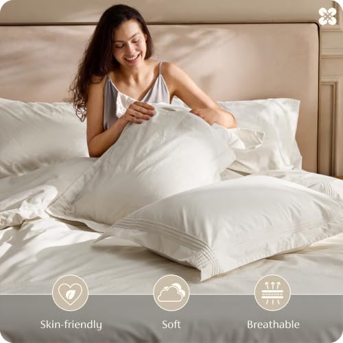 Bedsure PureWoven Cotton Percale Duvet Cover Queen, Rope Weave, Linen Beige
