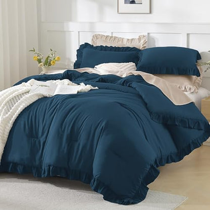 Andency Navy Blue Ruffle Comforter Twin Size, 2 Pieces Soft Bed Set