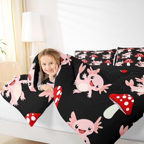 Erosebridal Cute Mushroom Down Comforter Queen Kawaii Coastal Axolotl Bedding Set for Kids Girls Women Pink Axolotl Red Mushrooms Comforter Set Fish Botanical Plant Bedding Quilted 3 Pcs