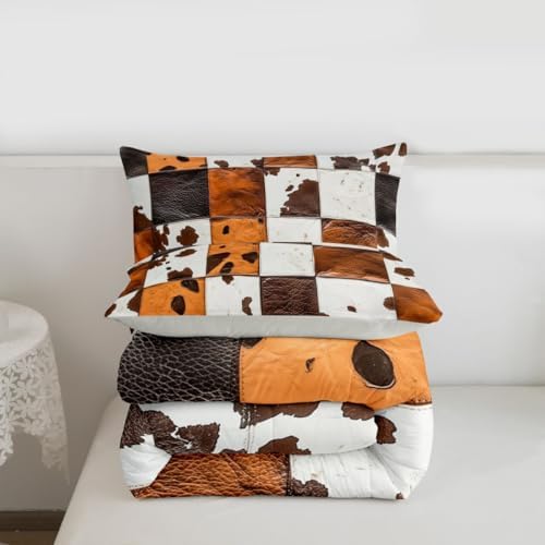 jejeloiu Rustic Cowhide Patchwork Bedding Set for Boys Girls, Leather Cow Print Comforter Set King Size Cow Fur Print Duvet Quilt Microfiber Farmhouse Country Bedroom Decor 3 Pcs with 2 Pillow Cases