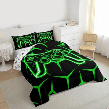 Feelyou Gamer Bedding Set Full Size Gaming Duvet Quilt for Kids Teens Adults Game Controller Comforter Set Geometric Gamepad Green Room Decor 3Pcs with 2 Pillow Case