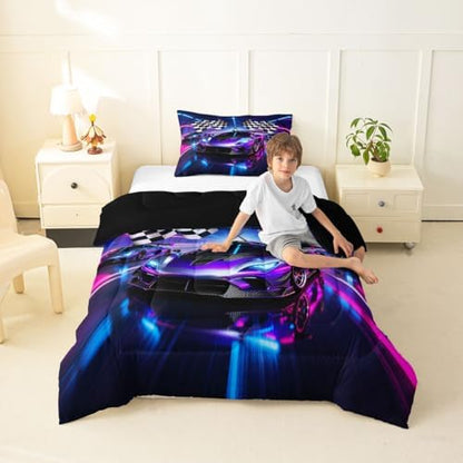 Feelyou Boys Sports Car Comforter Set All Season Racing Car Bedding Set with 1 Pillow Cases Extreme Sports Microfiber Kids Toddler Bedclothes Bedroom Decor Duvet Quilt Breathable Soft Lightweight