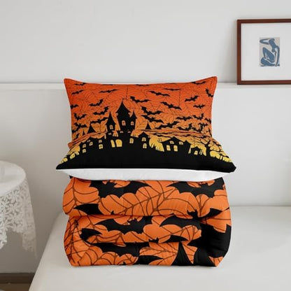 Homewish Teens Castle Silhouette Comforter Set Queen Size,Orange Yellow Bedding Set for Kids Boys Girls Bedroom Decoration,Black Bat Bed Duvet Insert,Spider Web Comforter with 2 Pillowcases