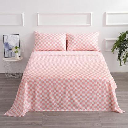 Best Season Bed Sheet Set 4 Piece -Full Size-Soft Durable Microfiber Bedding Sheet Set,Deep Pocket,Stain,Fade & Wrinkle Resistant Green and White Checkerboard Grid(Plaid Coral&White)