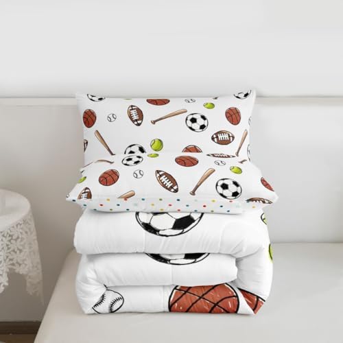 jejeloiu Ball Games Bedding Set for Boys Girls, Basketball Soccer Baseball Football Comforter Set King Size Gaming Sports Duvet Quilt Microfiber Sports Theme Bedroom Decor 3 Pcs with 2 Pillow Cases