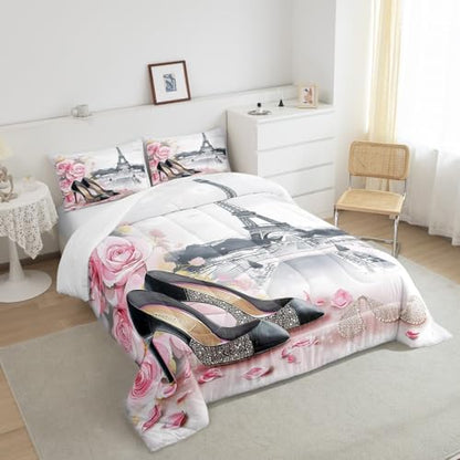 High-Heeled Shoes Princess Kids Comforter Set King Size,Roses Flowers Paris Eiffel Tower Bedding Set,Women Girls Room Decor,Glitter Diamond Romantic Down Comforter,Pink Duvet Insert,2 Pillowcases