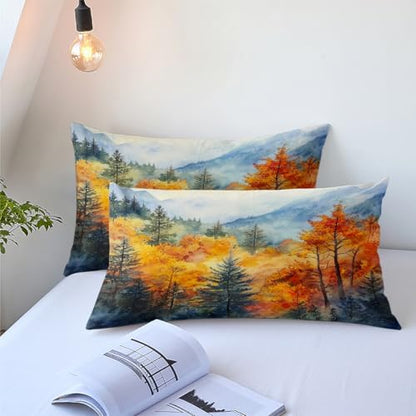 CCoutueChen Fall Forest Comforter Set King Size, Country Bedding with Watercolor Mountain Autumn Tree Bedroom Decor, 3 Pcs 2 Pillowcases, 104"x90"