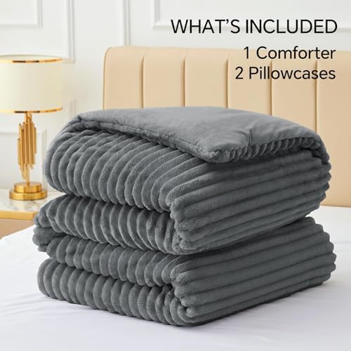 BEDELITE Fleece Full Comforter Set, Fluffy Bed Set, Grey