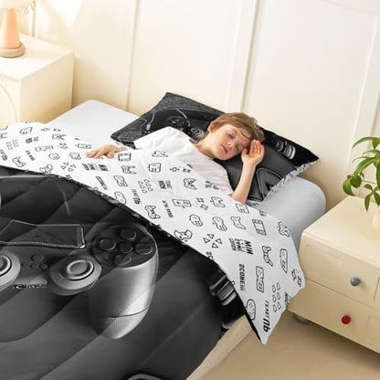 Feelyou Gamer Comforter Set Queen Size Gaming Bedding Set for Kids Boys Girls Game Room Decor Duvet Quilt Gamepad Bedroom Decor Black Microfiber 3 Pcs with 2 Pillow Cases