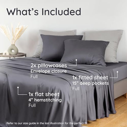 Bambaw 100% Viscose Derived from Bamboo Sheet Set Full Size – 4pcs Cooling Sheets for Hot Sleepers, with Elastic Corner Straps, Soft Bedding Set, Luxury Sheets Full Size (Charcoal)
