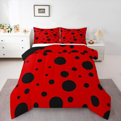 Cute Ladybug Kids Comforter Set King Size,Geometric Polka Dot Patchwork Abstract Bedding Set,Girls Boys Room Decor,Ladybird Beetle Insect Quilt Comforter,Red Black Chic Duvet Insert,2 Pillowcases