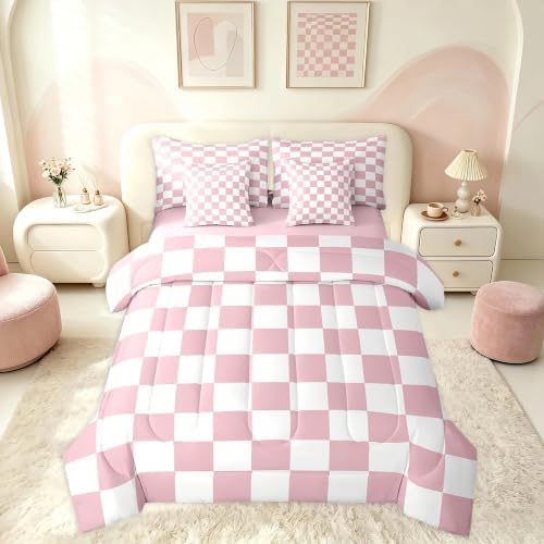 Feelyou Checkered 7 Piece Bedding Set Teen Women Men Pink Plaid Comforter Set with Sheets Twin Size Kids Boys Cute Retro Neutral Checkerboard Geometric Bed in a Bag Vintage Aesthetic Room Decor
