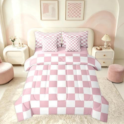 Feelyou Checkered 7 Piece Bedding Set Teen Women Men Pink Plaid Comforter Set with Sheets Full Size Kids Boys Cute Retro Neutral Checkerboard Geometric Bed in a Bag Vintage Aesthetic Room Decor