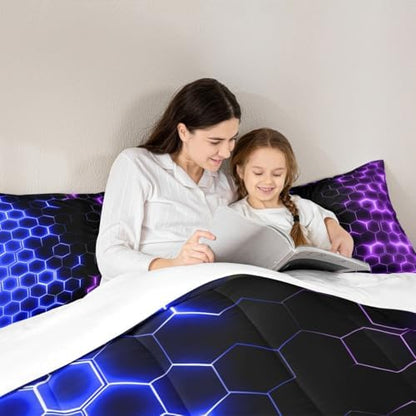 Feelyou Blue Purple Honeycomb Bedding Set Fluorescent Geometric Honeycomb Comforter Set Beehive Hexagon Comforter for Boys Girls Geometric Duvet Set King Size Quilt 3Pcs Boys