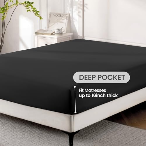 ROSE&RISY Black King Sheet Set, 4 Pieces Soft Bedding Queen Sheet Set, Breathable and Cooling,Includes 1 Fitted Sheet, 1 Flat Sheet, 2 Pillowcases - Deep Pocket (Black, King)
