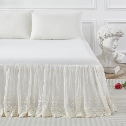 Brandream Queen Size Luxury Cream White Lace Bed Skirt 18 Inch Drop Romantic Girls Bed Sheets Cover Elegant Skirted Sheet