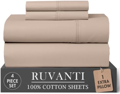 RUVANTI 100% Cotton Twin XL Sheets, Percale Weave Twin XL Set, Sand Stone