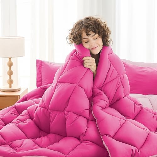 MUXHOMO 7 Pieces Oversized King Comforter Set, Reversible Bed in a Bag Oversized King Size, All Season Bedding Set with Comforter, Flat Sheet, Fitted Sheet, Pillowcases & Shams, Hot Pink & Baby Pink